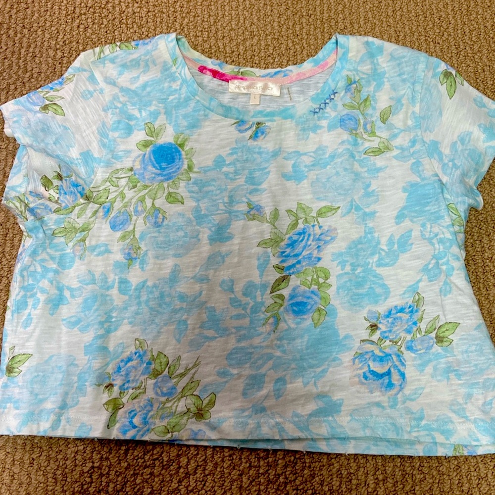 Loveshackfancy Rubin tee shirt top blue green floral print NWOT L